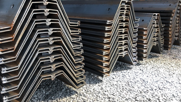 Steel sheet pile sections stacked and ready to list for sale through Foundation Masters