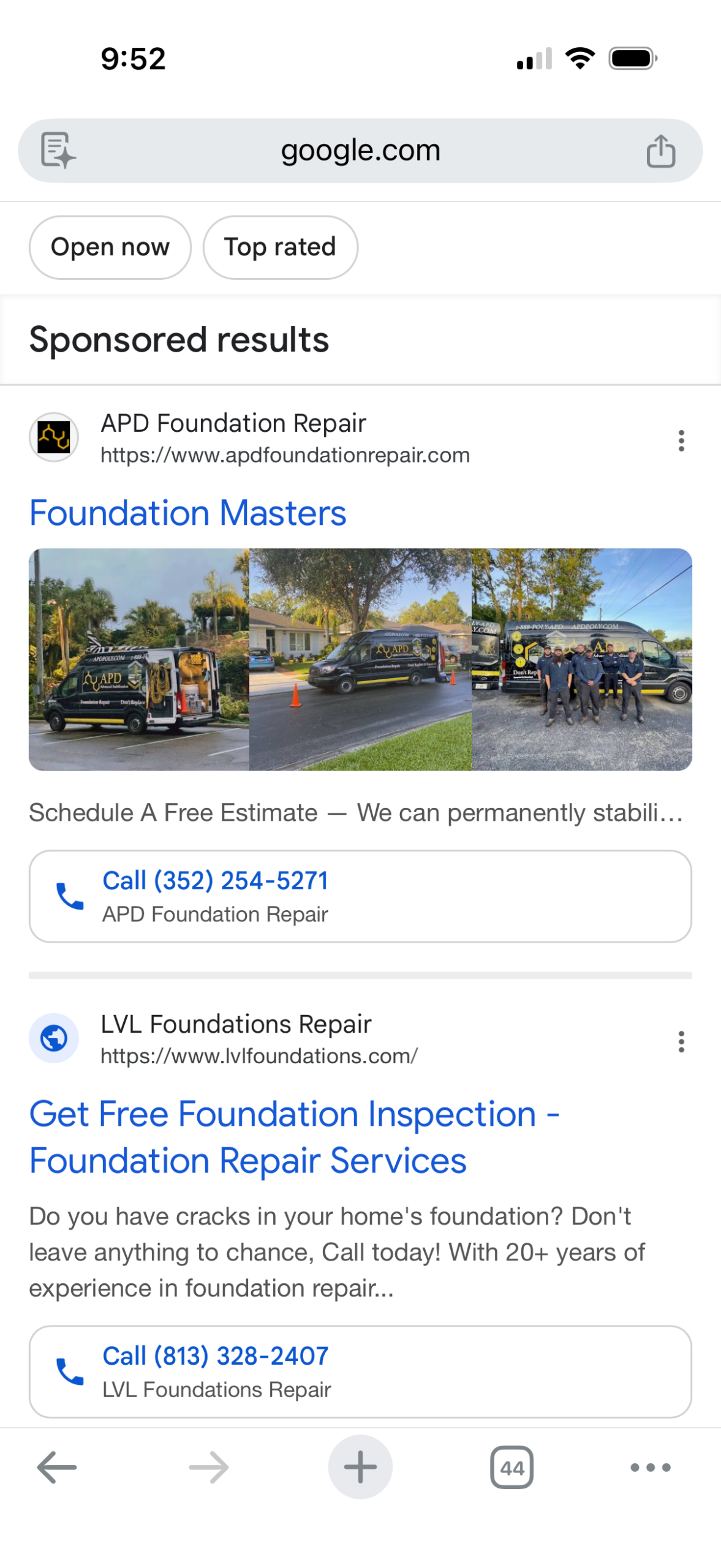 Screenshot of sponsored result showing APD Foundation Repair with Foundation Masters branding context