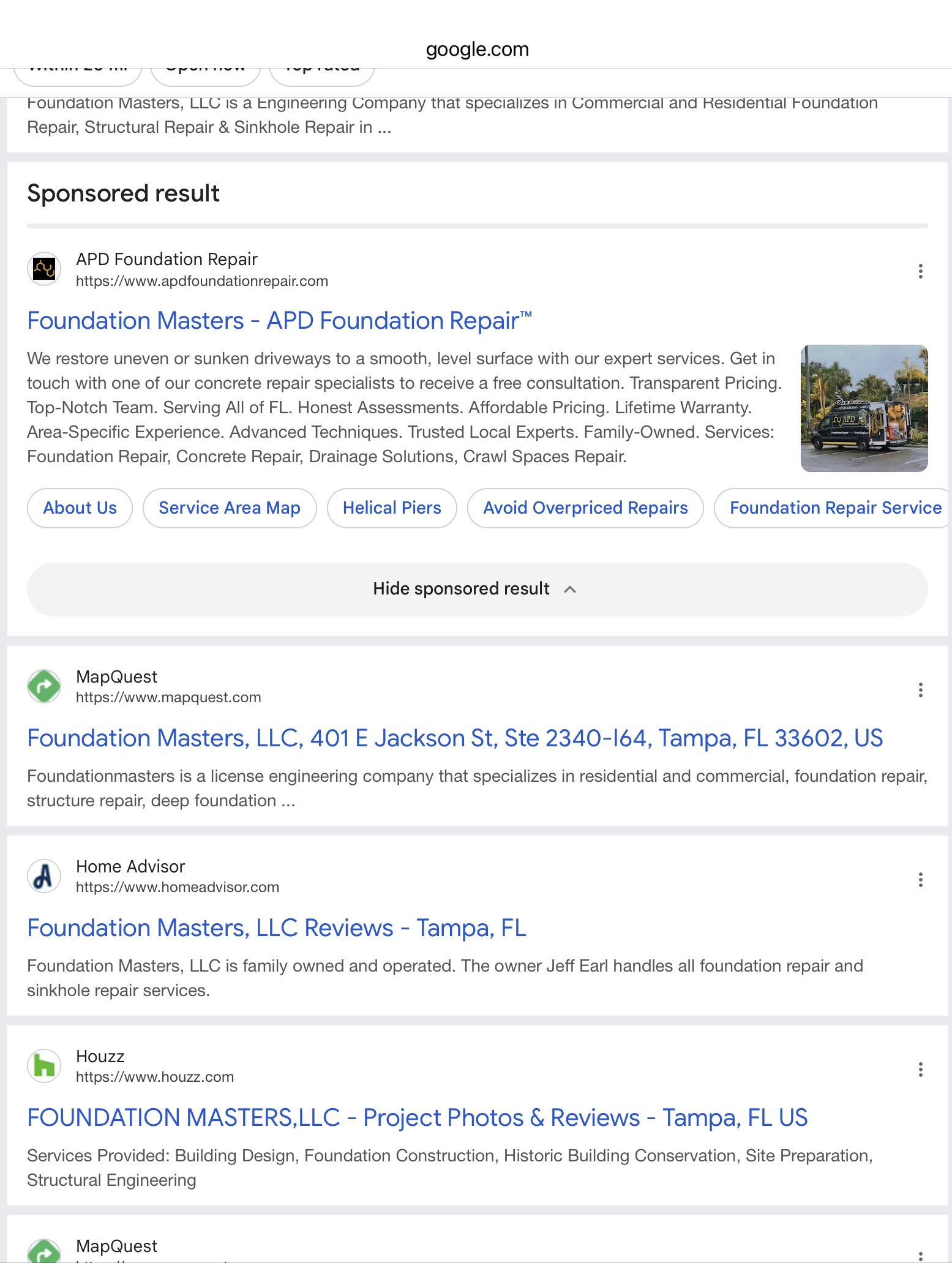 Screenshot documenting APD Foundation Repair advertising and confusion with Foundation Masters