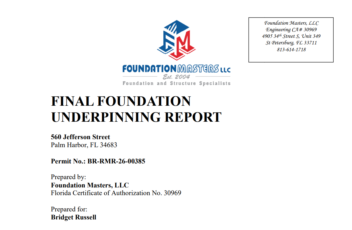 Foundation Masters Final Underpinning Report Showing Installation Depths Pressures and Lift Verification