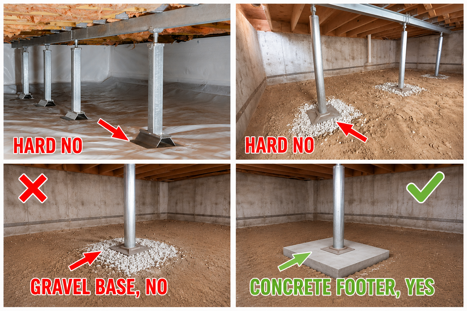 Smart Jack crawl space support post installed on proper concrete footer