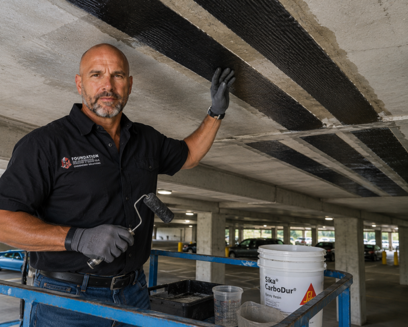 Foundation Masters carbon fiber structural repair on a parking-garage deck