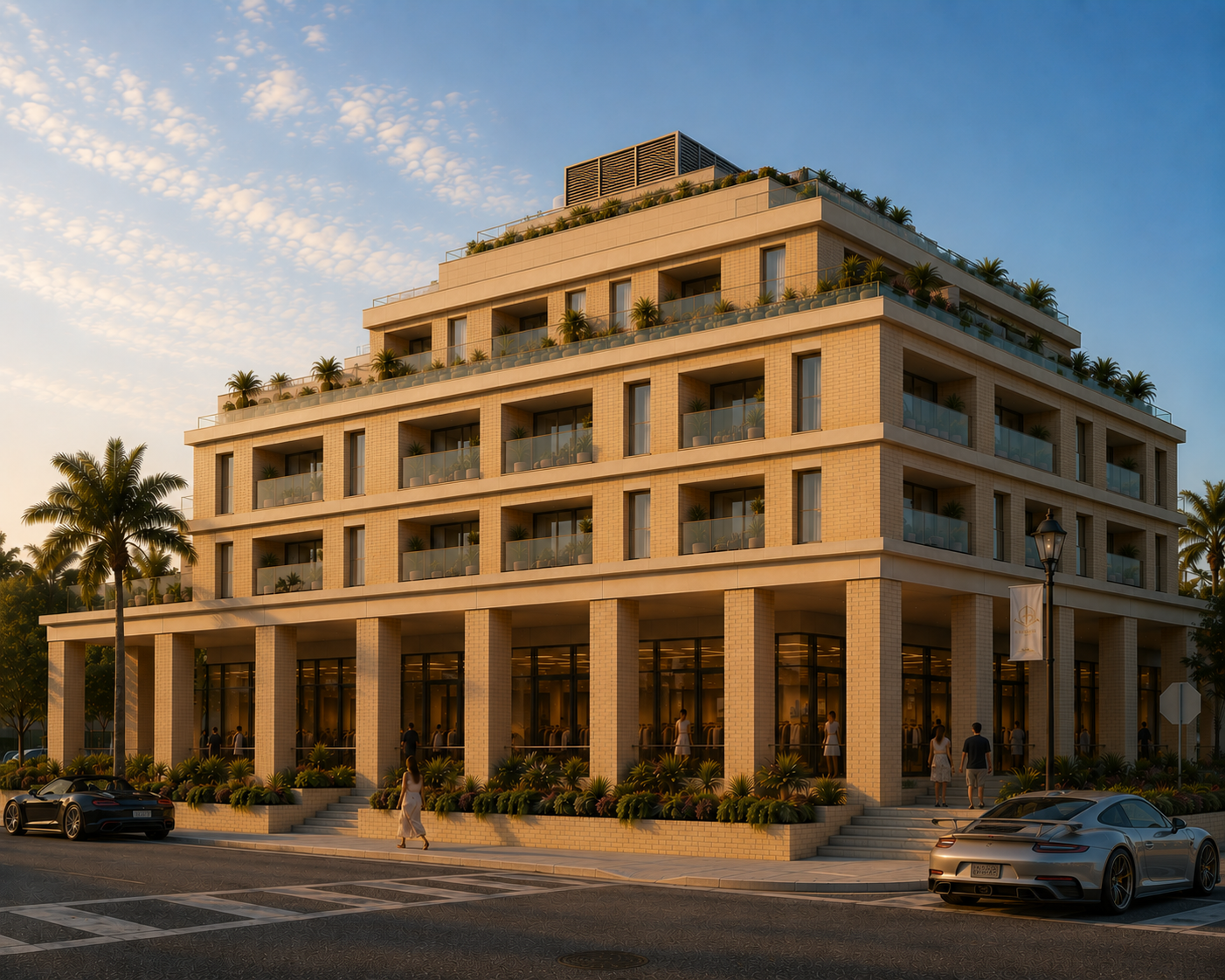 The building at 190 SE 2nd Avenue seen from the corner of SE 2nd Avenue and SE 2nd Street, four stories of buff brick over a colonnade at the street, with a planted edge at the sidewalk and a stepped-back top floor