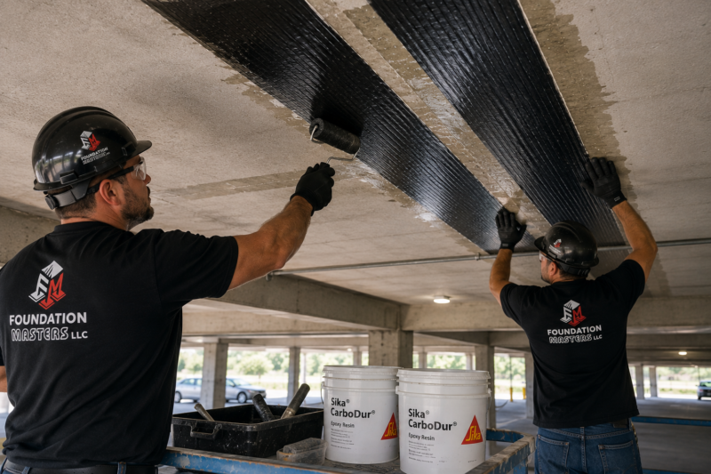 Carbon fiber fabric being placed and saturated onto a prepared concrete member