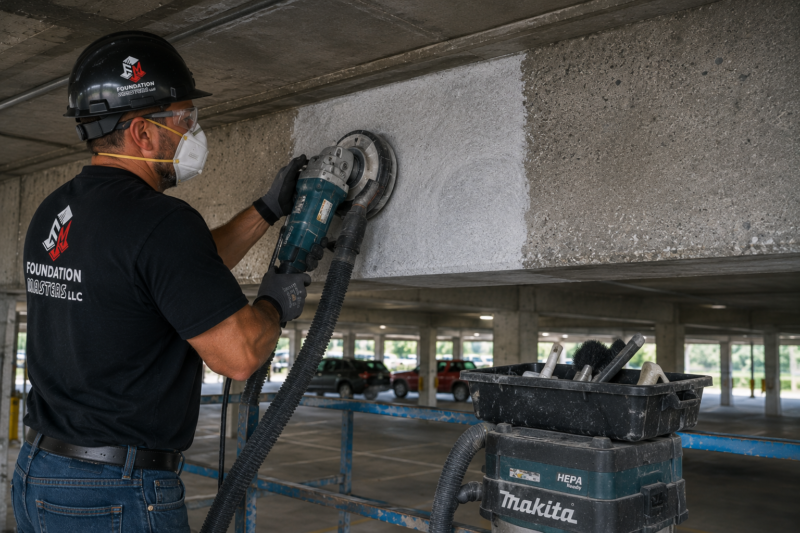 Concrete substrate prepared and cleaned ahead of carbon fiber application