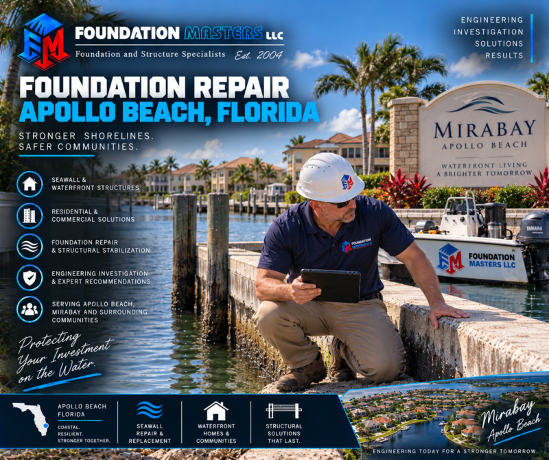Foundation Masters foundation repair in Apollo Beach, Hillsborough County Florida, canal front structural shoring and underpinning with owner Jeff Earl on site
