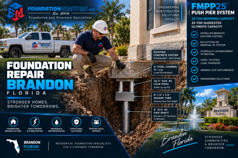 Foundation Repair Brandon – Foundation Masters Foundation Masters foundation repair in Brandon, Hillsborough County Florida, structural inspection and helical pier stabilization with owner Jeff Earl
