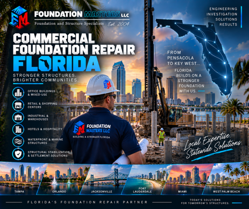 Commercial Foundation Repair Florida, Foundation Masters Foundation Masters commercial foundation repair across Florida, structural assessment and deep foundation stabilization on commercial property with owner Jeff Earl on site