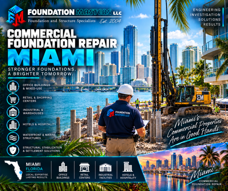 Foundation Masters commercial foundation repair in Miami, Miami-Dade County Florida, structural assessment and deep foundation stabilization on commercial property with owner Jeff Earl on site