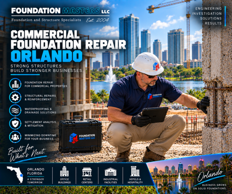 Commercial Foundation Repair Orlando – Foundation Masters Foundation Masters commercial foundation repair in Orlando, Florida, structural assessment and deep foundation stabilization on commercial property with owner Jeff Earl on site