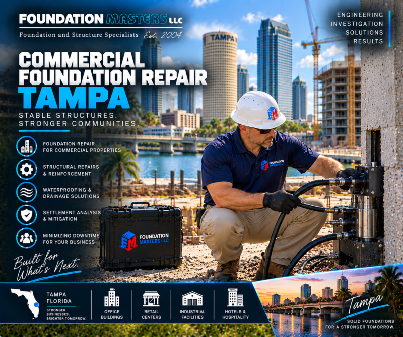 Foundation Masters commercial foundation repair in Tampa, Hillsborough County Florida, structural assessment and deep foundation stabilization on commercial property with owner Jeff Earl on site