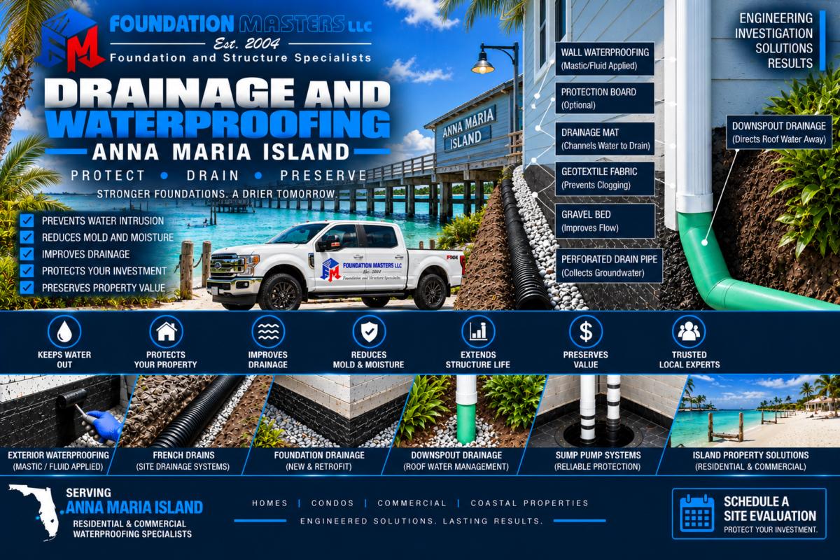 Foundation waterproofing and drainage detail on Anna Maria Island, Manatee County Florida, showing mastic flashing on the exterior wall and footer, geotextile lined trench, gravel bed, four inch perforated drain pipe and SDR 35 discharge piping
