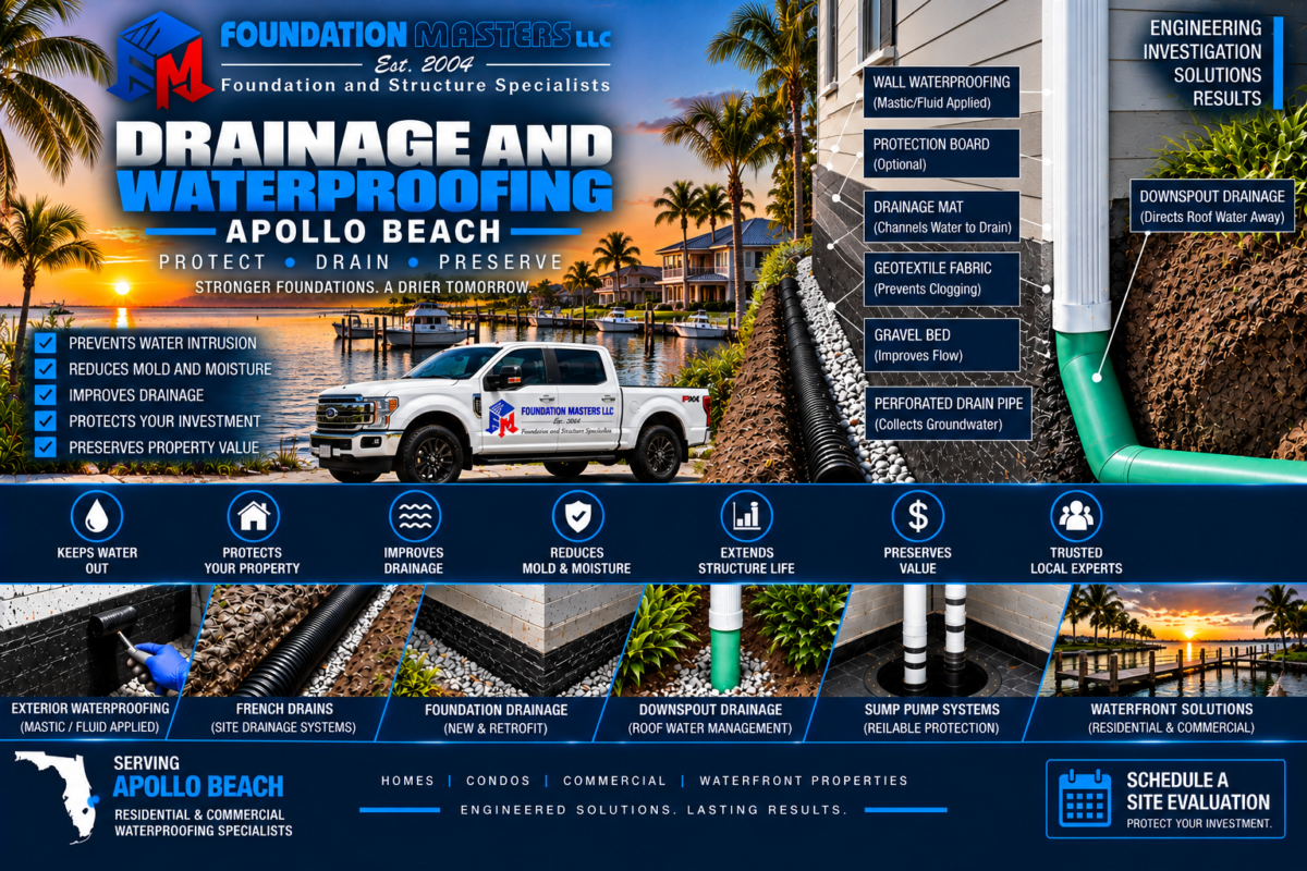 Drainage and Waterproofing Apollo Beach, Foundation Masters Foundation waterproofing and drainage detail in Apollo Beach, Hillsborough County Florida, showing mastic flashing on the exterior wall and footer, geotextile lined trench, gravel bed, four inch perforated drain pipe and SDR 35 discharge piping