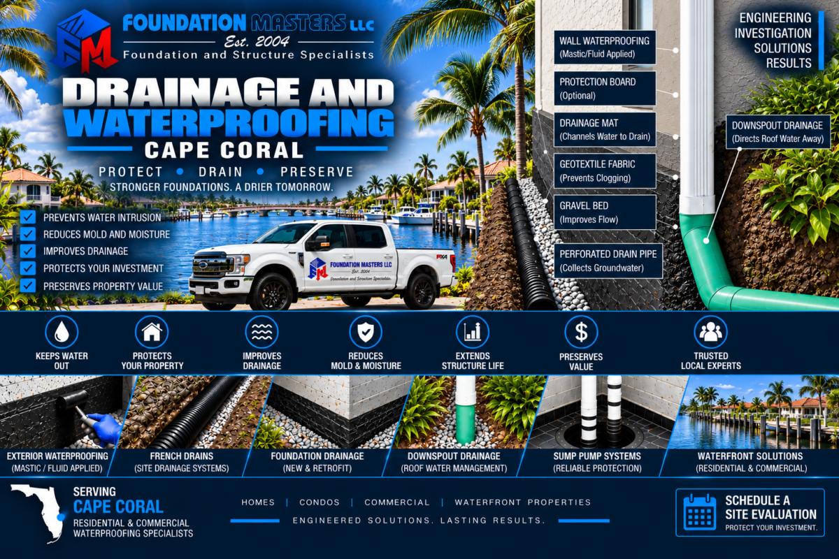 Drainage and Waterproofing Cape Coral, Foundation Masters Foundation waterproofing and drainage detail in Cape Coral, Lee County Florida, showing mastic flashing on the exterior wall and footer, geotextile lined trench, gravel bed, four inch perforated drain pipe and SDR 35 discharge piping