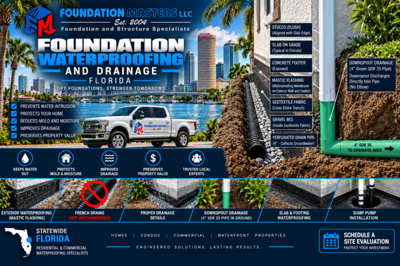 Foundation waterproofing and drainage detail in Florida showing mastic flashing on the exterior wall and footer, geotextile lined trench, gravel bed, four inch perforated drain pipe and SDR 35 discharge piping