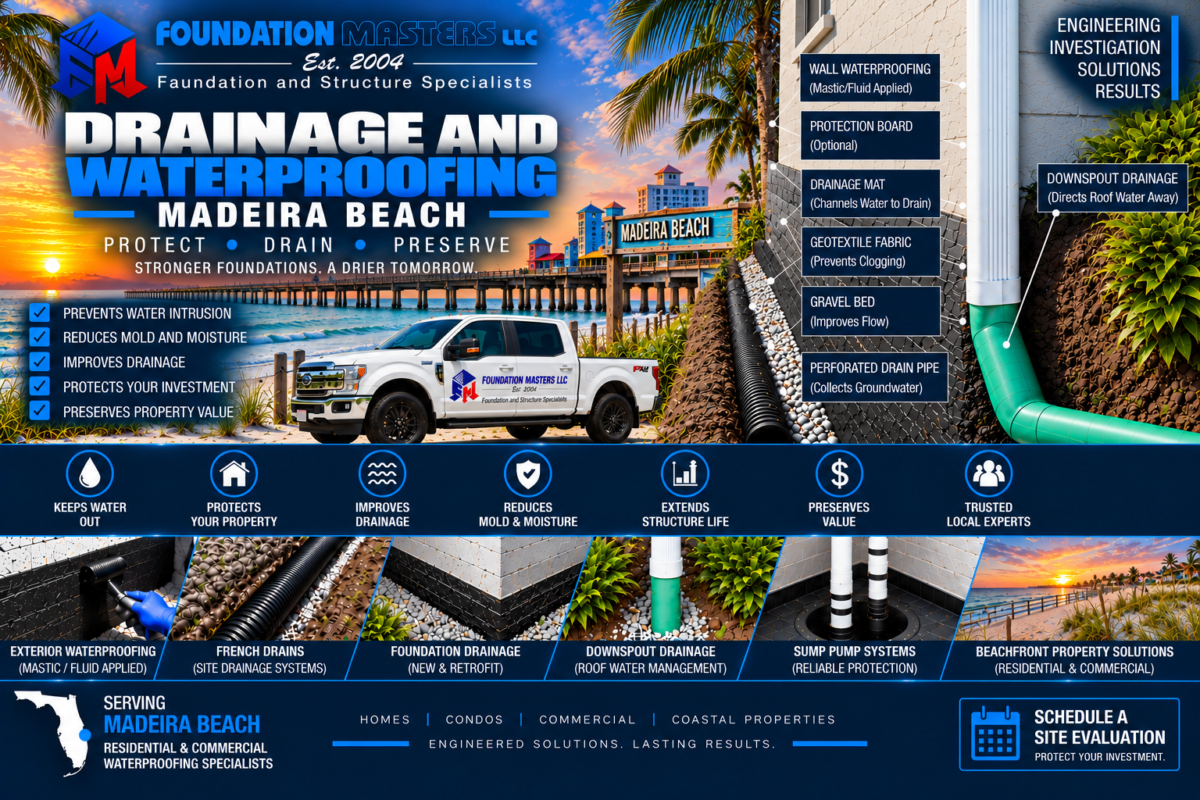 Foundation waterproofing and drainage detail in Madeira Beach, Pinellas County Florida, showing mastic flashing on the exterior wall and footer, geotextile lined trench, gravel bed, four inch perforated drain pipe and SDR 35 discharge piping