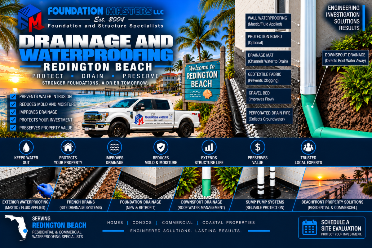 Foundation waterproofing and drainage detail in Redington Beach, Pinellas County Florida, showing mastic flashing on the exterior wall and footer, geotextile lined trench, gravel bed, four inch perforated drain pipe and SDR 35 discharge piping