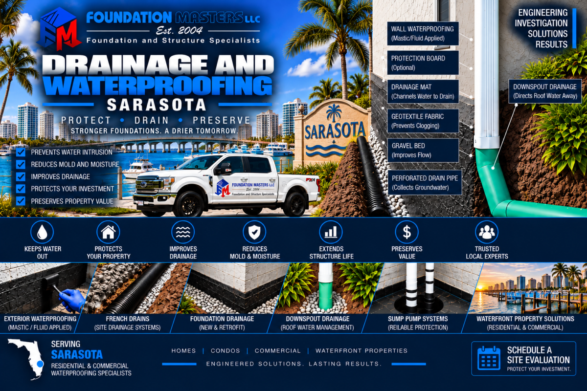 Foundation waterproofing and drainage detail in Sarasota, Florida, showing mastic flashing on the exterior wall and footer, geotextile lined trench, gravel bed, four inch perforated drain pipe and SDR 35 discharge piping