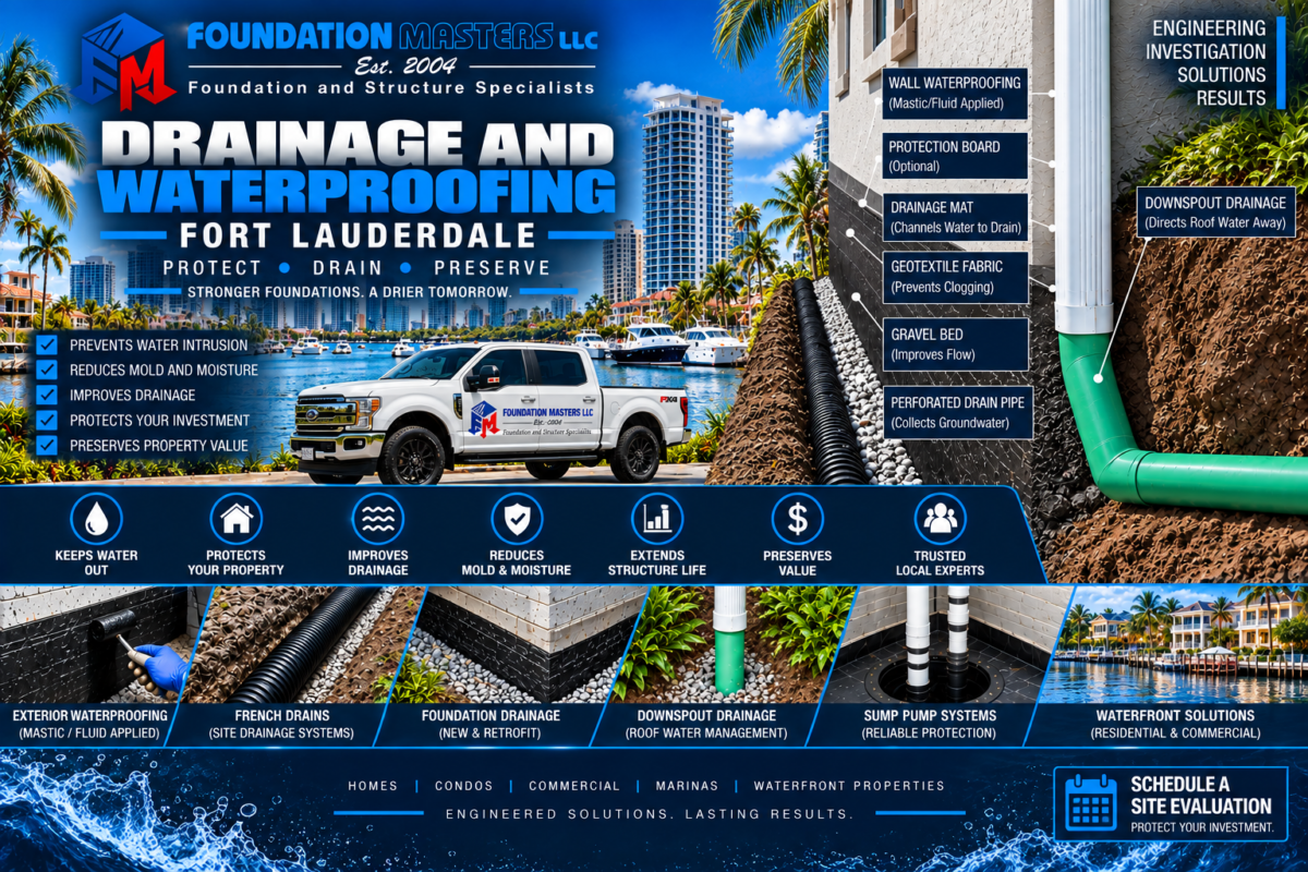 Foundation waterproofing and drainage detail in Fort Lauderdale, Broward County Florida, showing mastic flashing on the exterior wall and footer, geotextile lined trench, gravel bed, four inch perforated drain pipe and SDR 35 discharge piping
