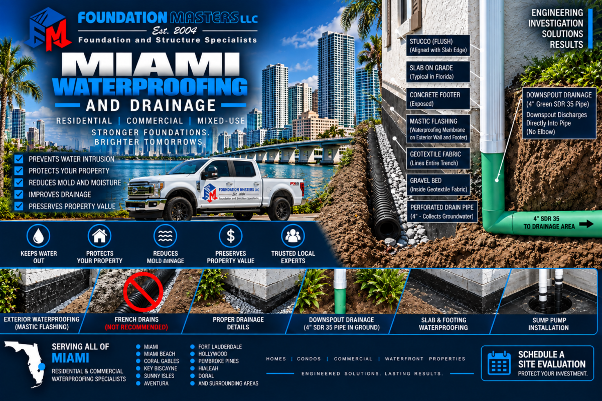 Drainage and Waterproofing Miami, Foundation Masters Foundation waterproofing and drainage detail in Miami, Miami-Dade County Florida, showing mastic flashing on the exterior wall and footer, geotextile lined trench, gravel bed, four inch perforated drain pipe and SDR 35 discharge piping