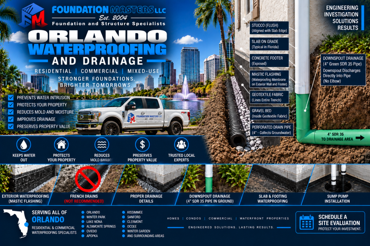 Foundation waterproofing and drainage detail in Orlando, Orange County Florida, showing mastic flashing on the exterior wall and footer, geotextile lined trench, gravel bed, four inch perforated drain pipe and SDR 35 discharge piping