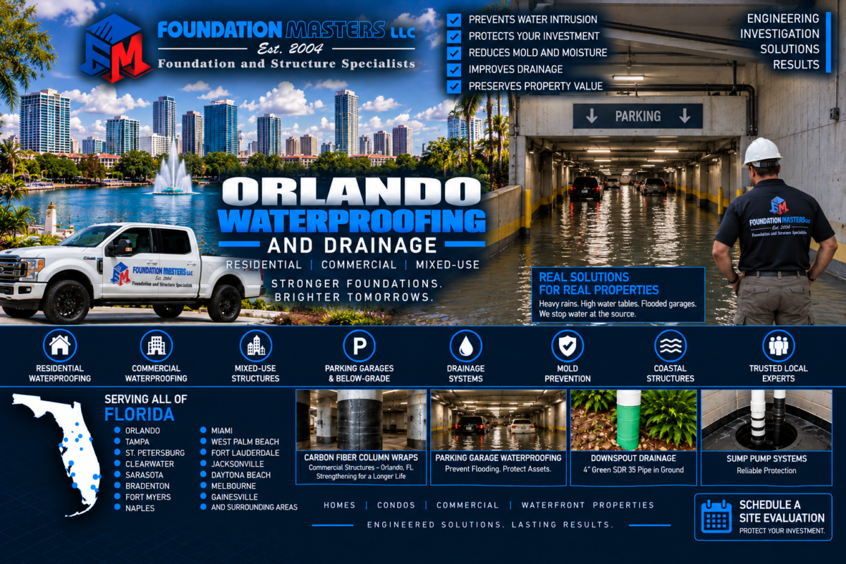 Parking Garage Waterproofing Orlando, Foundation Masters Flooded below grade parking garage in Orlando, Orange County Florida, engineered parking garage waterproofing and discharge design by Foundation Masters