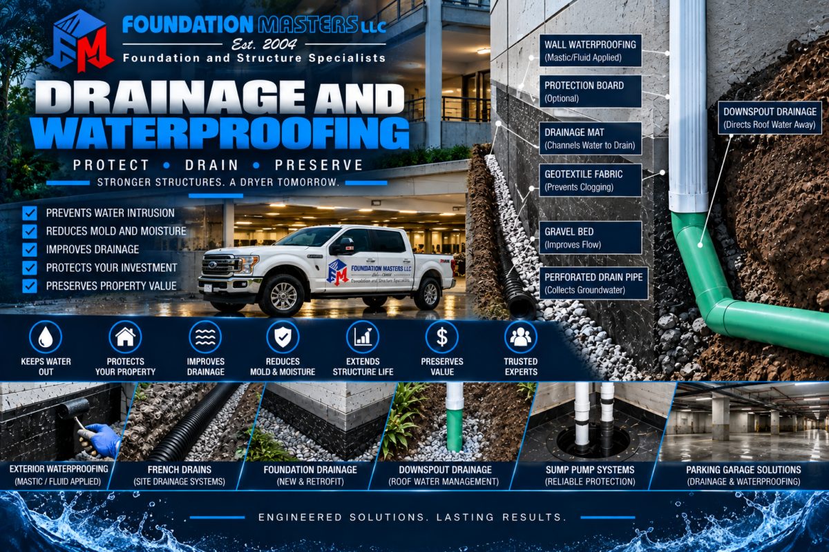 Drainage and Waterproofing, Foundation Masters Foundation drainage and waterproofing detail by Foundation Masters in Florida, showing mastic flashing on the exterior wall and footer, geotextile lined trench, gravel bed, four inch perforated drain pipe and SDR 35 discharge piping