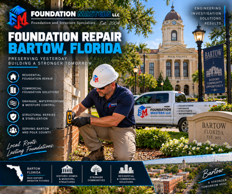 Bartow Foundation Repair – Foundation Masters Foundation Masters foundation repair in Bartow, Polk County Florida, settlement on reclaimed phosphate mined land and deep foundation work with owner Jeff Earl on site
