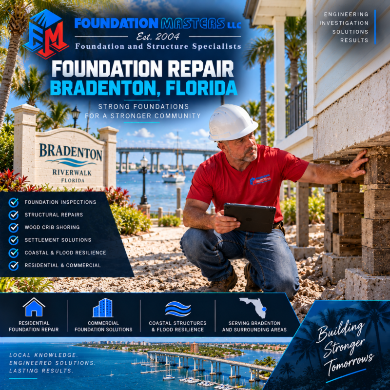 Bradenton Foundation Repair – Foundation Masters Foundation Masters foundation repair in Bradenton, Manatee County Florida, structural shoring and underpinning with owner Jeff Earl on site