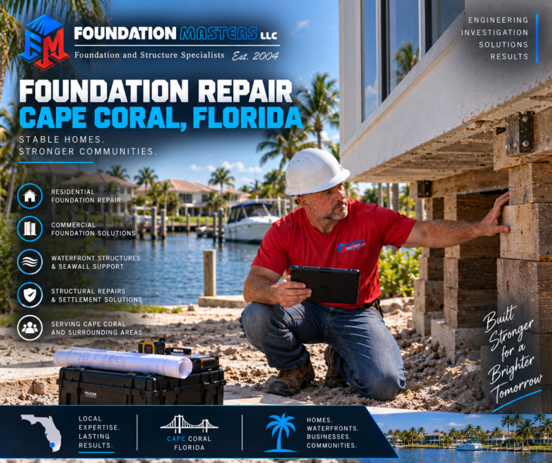 Foundation Masters foundation repair in Cape Coral, Lee County Florida, canal front structural shoring and underpinning with owner Jeff Earl on site