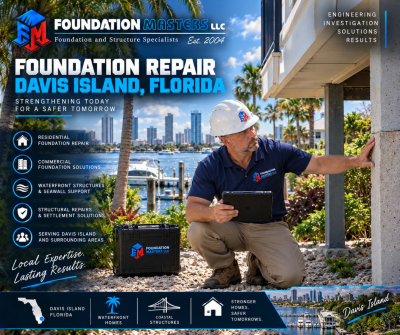 Davis Islands Foundation Repair – Foundation Masters Foundation Masters foundation repair on Davis Islands, Tampa Florida, waterfront structural shoring and underpinning with owner Jeff Earl on site