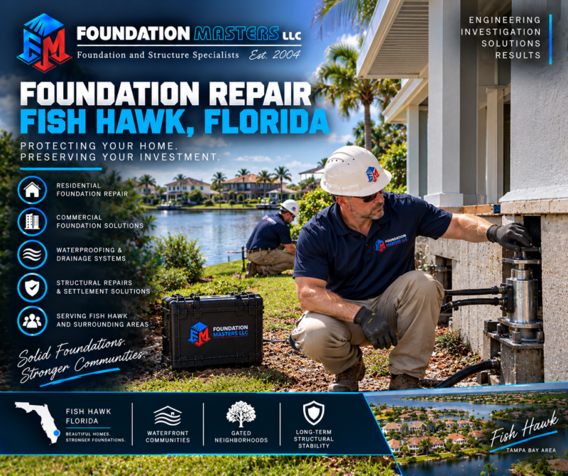 Foundation Masters foundation repair in FishHawk, Lithia, Hillsborough County Florida, slab settlement and sinkhole investigation with owner Jeff Earl on site