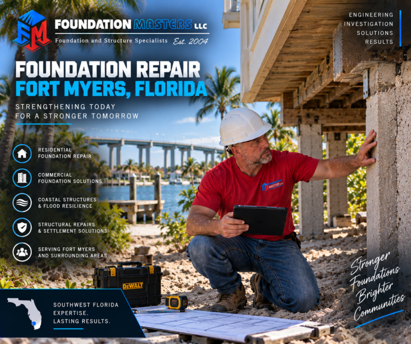 Foundation Masters foundation repair in Fort Myers, Lee County Florida, structural shoring and underpinning with owner Jeff Earl on site