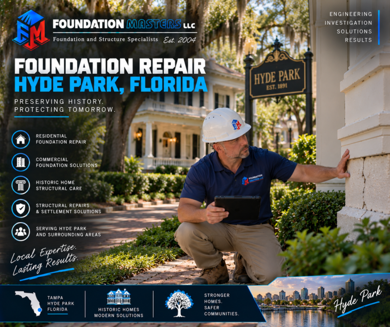 Hyde Park Foundation Repair – Foundation Masters Foundation Masters foundation repair in Hyde Park, Tampa Florida, historic home structural shoring and underpinning with owner Jeff Earl on site