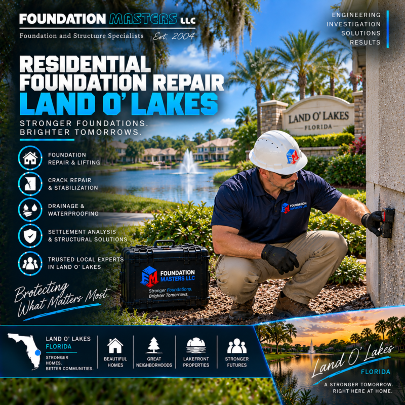 Foundation Repair Land O Lakes – Foundation Masters Foundation Masters foundation repair in Land O Lakes, Pasco County Florida, structural inspection and helical pier stabilization on a residential foundation with owner Jeff Earl on site