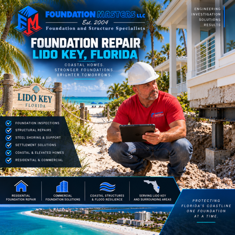Foundation Masters foundation repair on Lido Key, Sarasota, structural shoring and underpinning with owner Jeff Earl on site