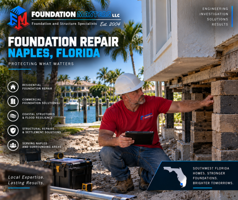 Foundation Masters foundation repair in Naples, Collier County Florida, structural shoring and underpinning with owner Jeff Earl on site
