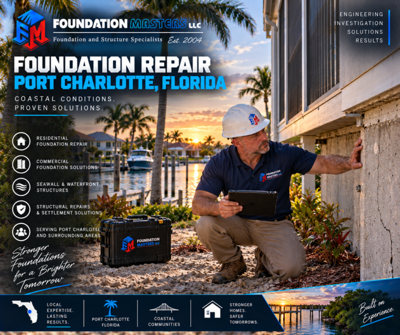 Foundation Masters foundation repair in Port Charlotte, Charlotte County Florida, structural shoring and underpinning with owner Jeff Earl on site