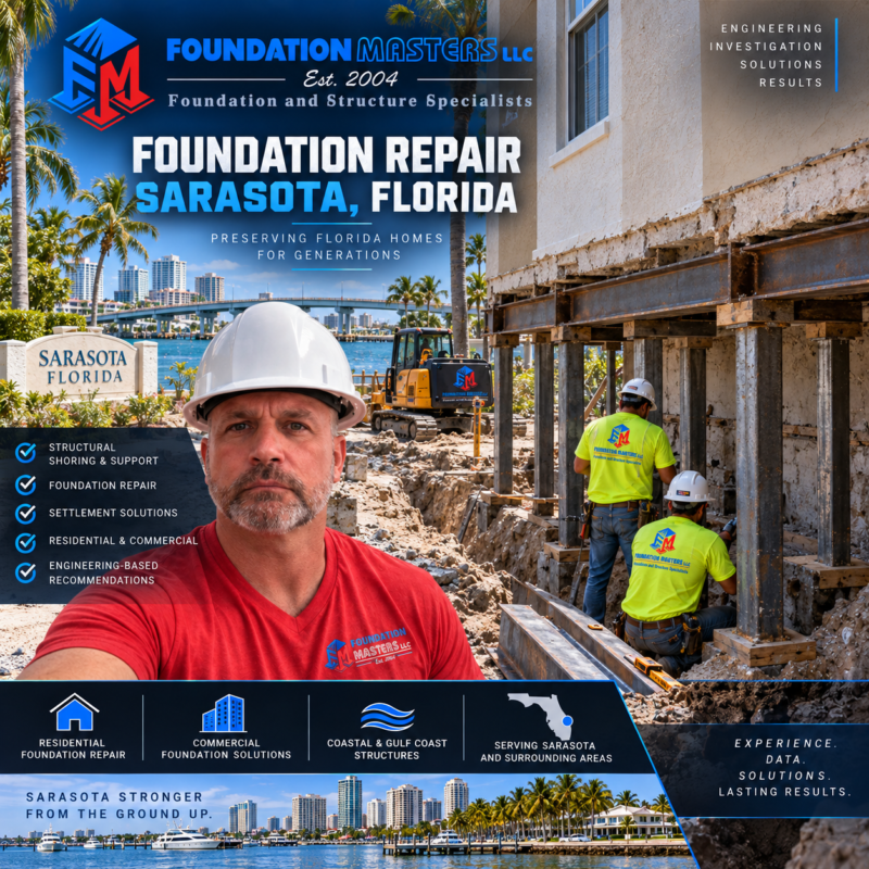 Foundation Repair Sarasota – Foundation Masters Foundation Masters foundation repair in Sarasota, Florida, structural shoring and underpinning with owner Jeff Earl on site