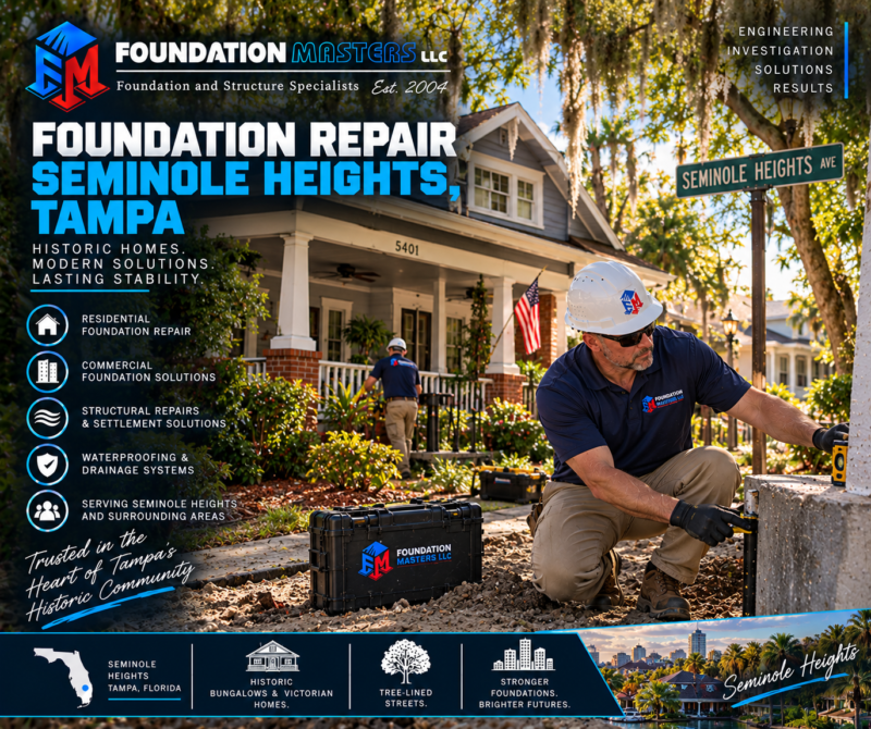 Seminole Heights Foundation Repair – Foundation Masters Foundation Masters foundation repair in Seminole Heights, Tampa Florida, historic bungalow structural shoring and underpinning with owner Jeff Earl on site