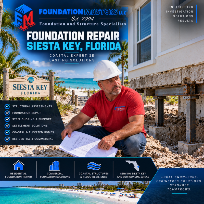 Foundation Masters foundation repair on Siesta Key, Sarasota County, structural shoring and underpinning with owner Jeff Earl on site