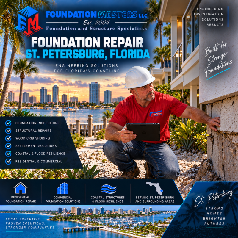 St. Petersburg Foundation Repair – Foundation Masters Foundation Masters foundation repair in St. Petersburg, Pinellas County Florida, structural shoring and underpinning with owner Jeff Earl on site