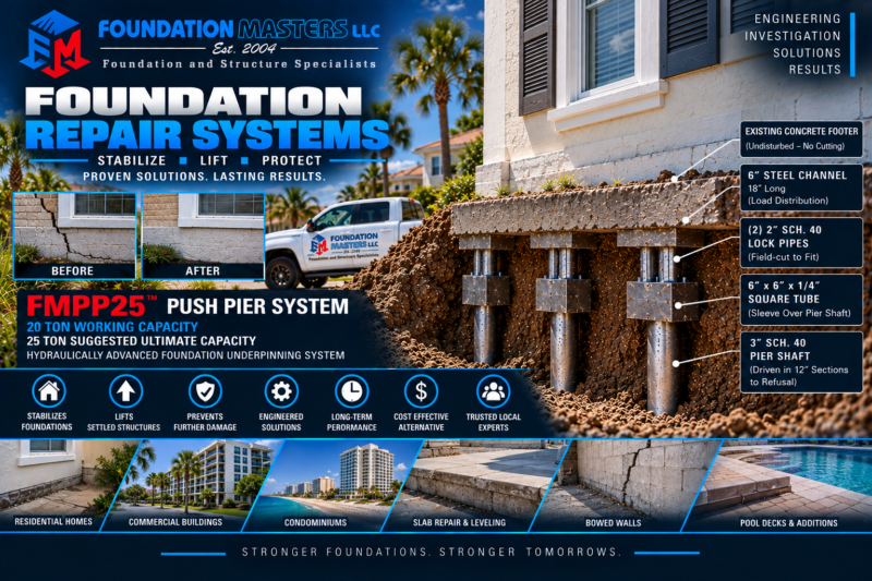 Foundation Masters foundation repair systems, push pier and helical pier deep foundation support designed and fabricated in house in Florida