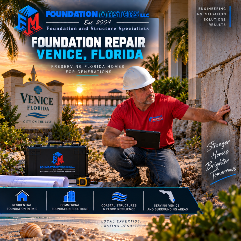 Venice Foundation Repair – Foundation Masters Foundation Masters foundation repair in Venice, Sarasota County Florida, structural shoring and underpinning with owner Jeff Earl on site