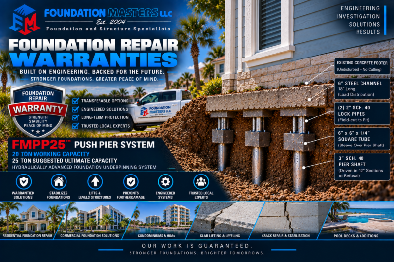 Foundation Masters foundation repair warranties in Florida, transferable warranty documentation for structural repair and sinkhole repair projects