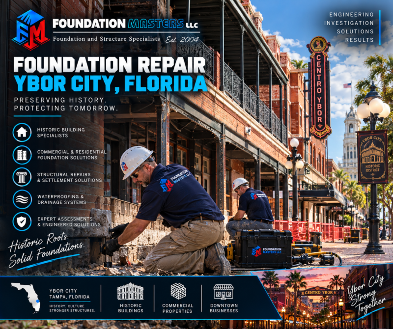 Foundation Masters foundation repair in Ybor City, Tampa Florida, historic masonry structural shoring and underpinning with owner Jeff Earl on site