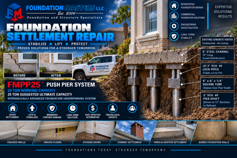 Foundation Settlement Repair Tampa – Foundation Masters Foundation Masters foundation settlement repair in Tampa Florida, elevation survey and structural assessment of differential settlement with owner Jeff Earl on site
