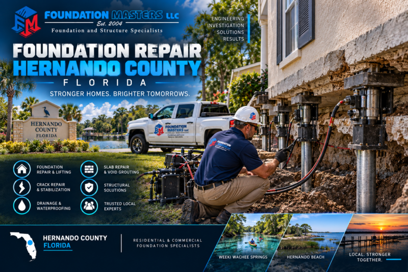 Hernando County Foundation Repair – Foundation Masters Foundation Masters foundation repair in Hernando County Florida, structural inspection and helical pier stabilization on a residential foundation with owner Jeff Earl on site
