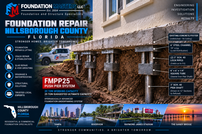 Foundation Masters foundation repair in Hillsborough County Florida, structural inspection and helical pier stabilization on a residential foundation with owner Jeff Earl on site