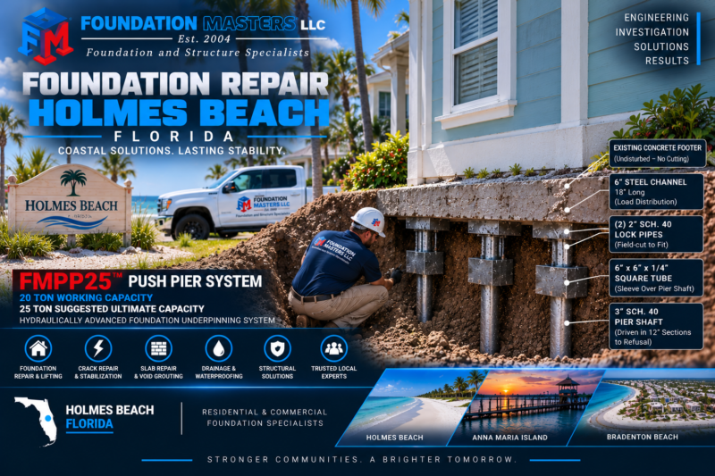 Holmes Beach Foundation Repair – Foundation Masters Foundation Masters foundation repair in Holmes Beach, Anna Maria Island Manatee County Florida, coastal structural inspection and pile stabilization with owner Jeff Earl on site